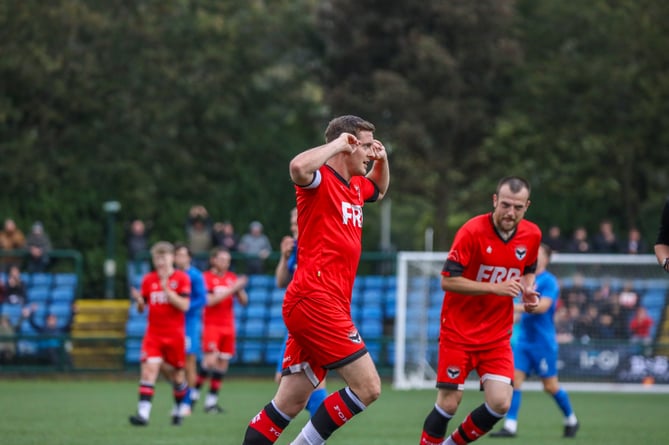 Ste Whitley celebrates alongside Luke Booth after putting the Ravens in front on Saturday (Photo: Hannah McHugh/FC Isle of Man)