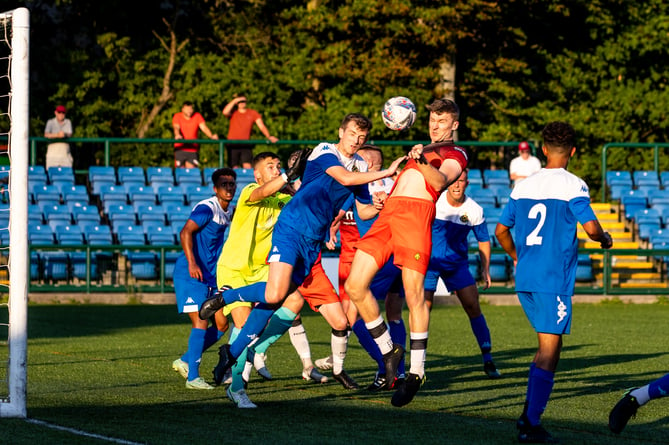 Luke Murray in action for FC Isle of Man against Ashton Athletic at the Bowl (Photo: Gary Weightman)