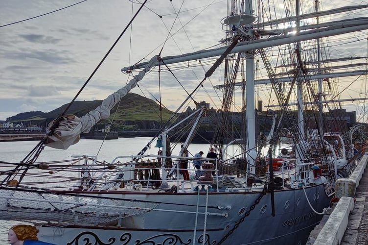 The Norwegian three-mast sailing ship Christian Radich made an appearance at Peel Breakwater on Saturday