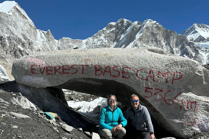 Sally and John Barton at Everest Base Camp which has an an altitude of 5,364 meters