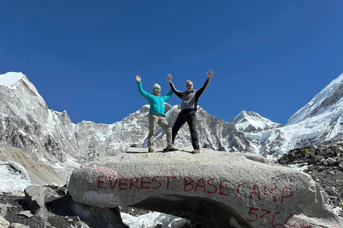 Sally and John Barton at Everest Base Camp which has an an altitude of 5,364 meters