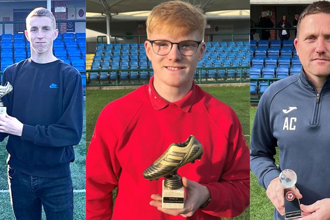 (Left to right) Isle of Man Football Association chief executive officer Lewis Qualtrough, Player of the Month Jason Charmer, Young Player of the Month Tomas Brown and Manager of the Month Antony Corkill