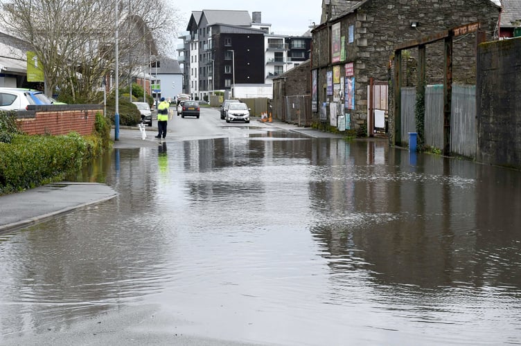 Flooding on the access road and car park at Tesco on Lake Road, Douglas in April