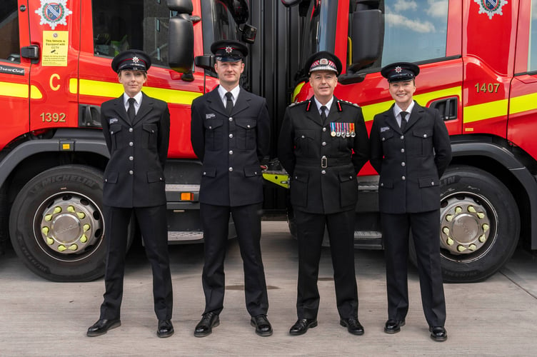 Left to right: new recruits Kelly Roberts, Mark Christian, chief fire officer Mark Christian and Leanne Venables