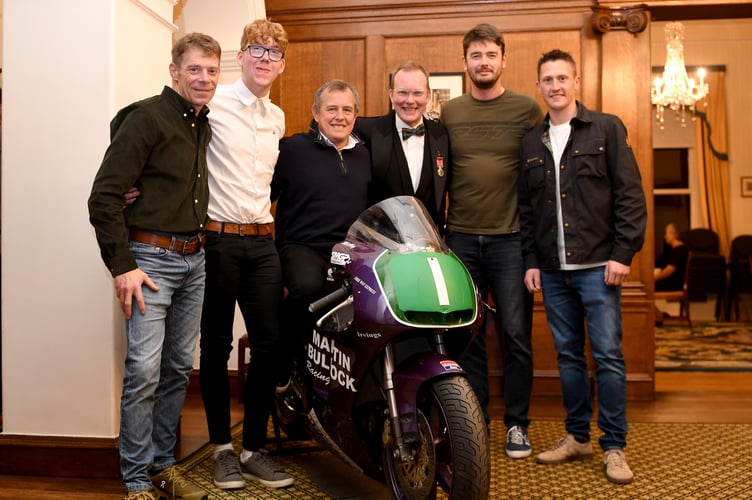 Motorsport royalty! (L-r) Ben Birchall, Illiam Quayle, John McGuiness, Richard 'Milky' Quayle, Connor Cummins and Dean Harrison