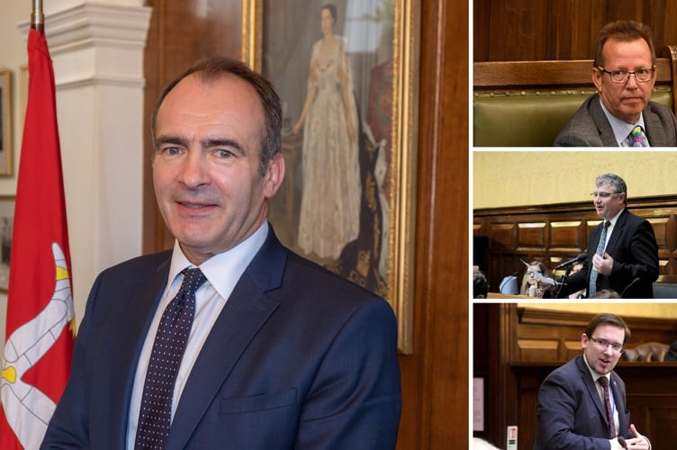 Tim Glover MHK (top right) is to table a vote of no confidence against Chief Minister Alfred Cannan (left) in House of Keys today. Chris Thomas (middle right) has called for Mr Cannan to resign from the role and has thrown his hat in the ring for the role. It comes following the resignation of Lawrie Hooper (bottom left) as Minister for Health and Social Care over a bitter dispute regarding funding for Manx Care.