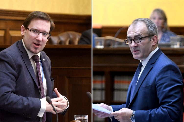 Chief Minister Alfred Cannan (right) faced questions regarding the Department of Health and Social Care from the former Health Minister Lawrie Hooper (left) in Tuesday's House of Keys sitting