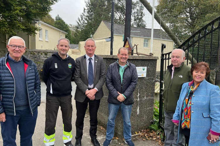 Charles Fargher, Captain of the Parish of Marown, Kevin Quine, Crosby Cricket Club chairman, Nick Watson, Chris Eaton, David Gawne MBE and Marown Memorial Playing Fields committee chair Lorraine Quayle 