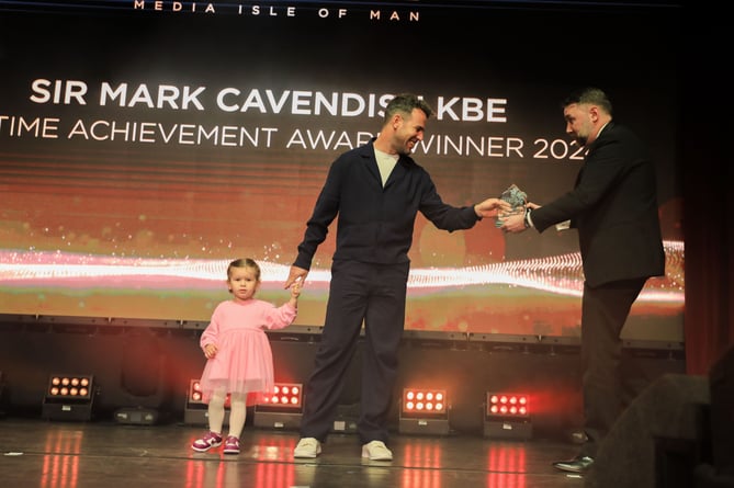 Sir Mark Cavendish KBE receiving the Lifetime Achievement Award from Media Isle of Man's Sport Editor Andy Dalrymple. Astrid was the real star!