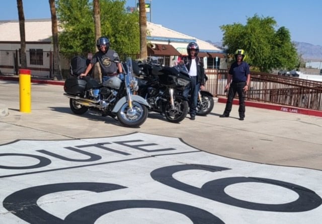 Left to right: Brian Johnson, Hartley Elder and Bob Jones en-route with their Harley Davidson's