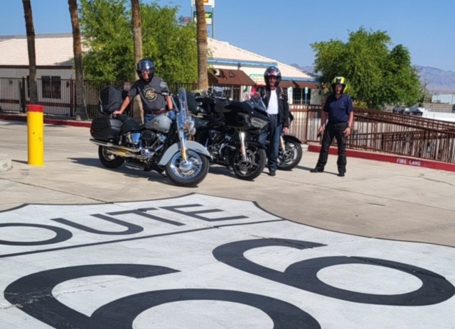 Left to right: Brian Johnson, Hartley Elder and Bob Jones en-route with their Harley Davidson's