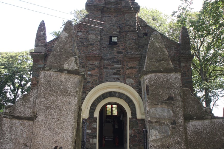 The distinctive leaning pillars at Ballaugh Old Church