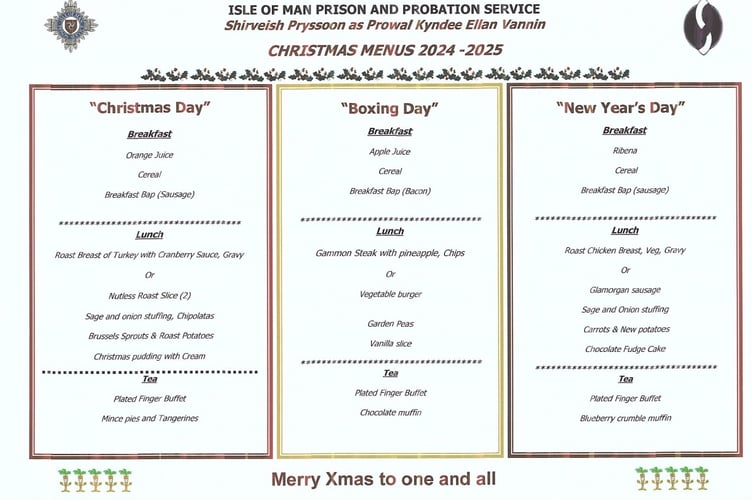 The Isle of Man Prison Christmas Menu