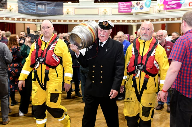 The 2024 Beer and Cider Festival was opened by Captain Stephen Carter, supported by members of Douglas RNLI lifeboat station. Pictured left to right: Edward Bennett, Captain Stephen Carter and Tony Randle