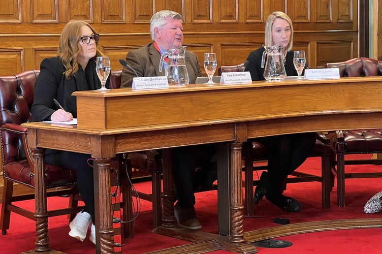 Health Minister Claire Christian, DHSC chief officer Paul Richardson and Sam McCauley, executive director of policy and strategy