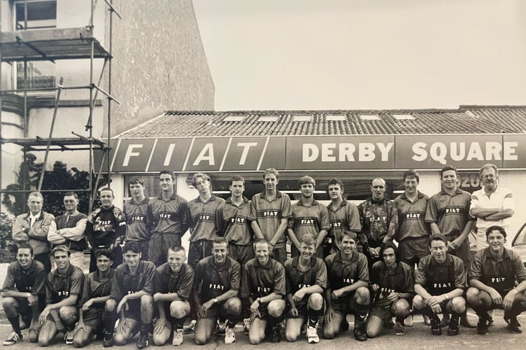 Marown AFC outside the former Fiat store on Derby Square. Andy Wade is bottom row fourth from right.