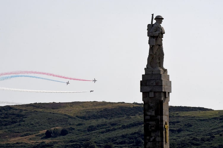 The Red Arrows display over Douglas bay 